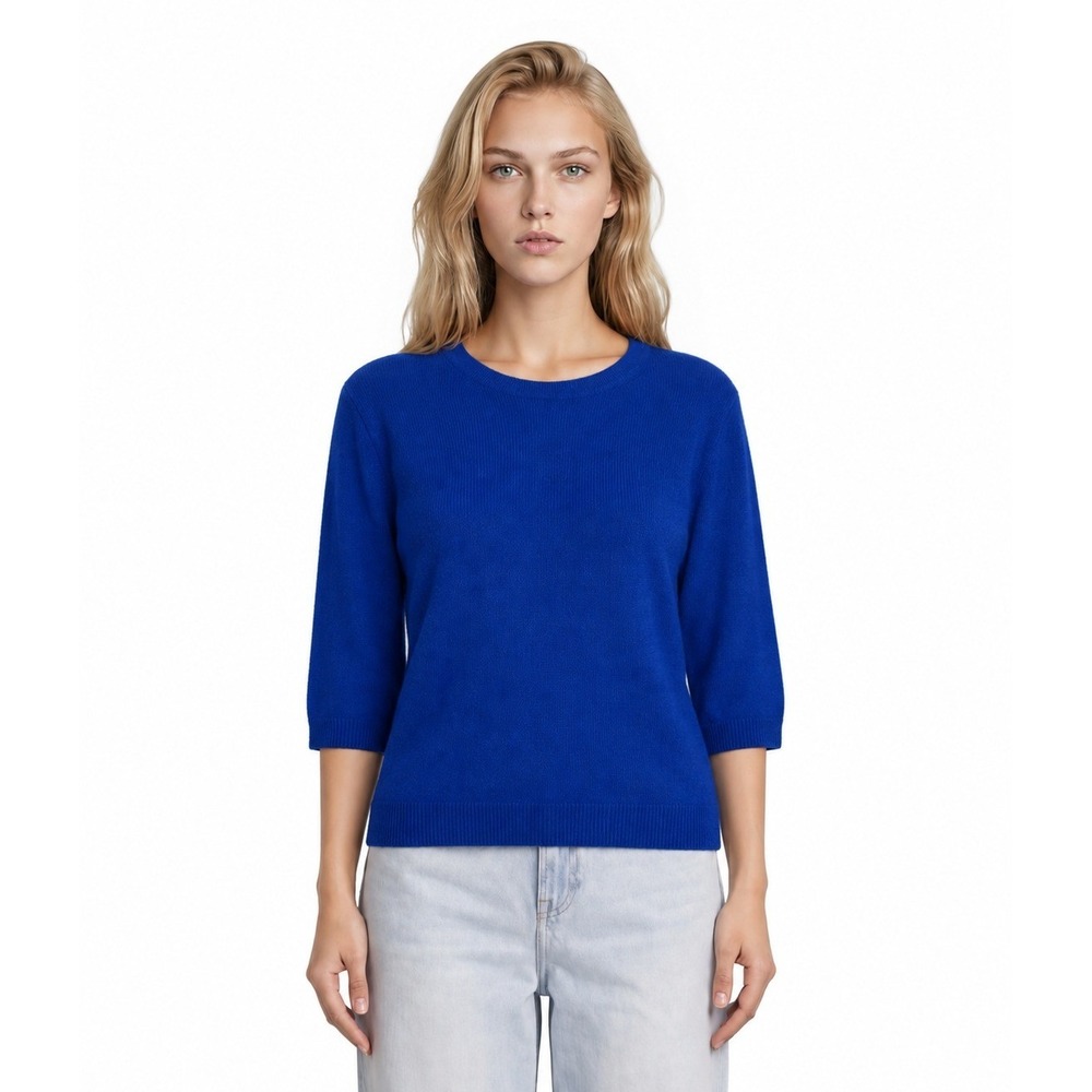 Talbots 100% Cashmere Sweater Womens Size Medium Royal Blue Crew Neck 3/4 Sleeve
